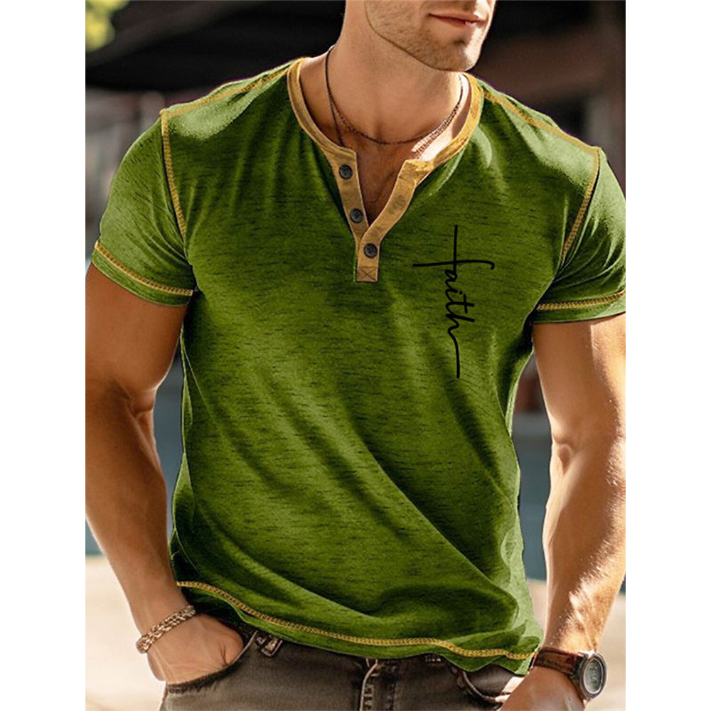 Mens Summer Faith Letter 3D Print Henley Shirts, Fashion Streetwear Oversized Short Sleeve Button T Shirt, Stylish Tees
