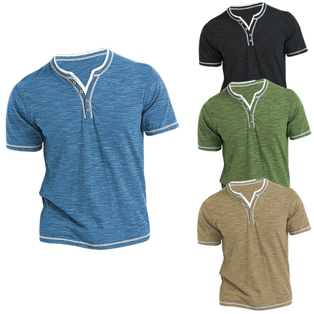 Mens New Cotton Small V-Neck Short Sleeve T-Shirts, Casual Henley Collar Slim Elastic Tops, Stylish Summer Bottoming