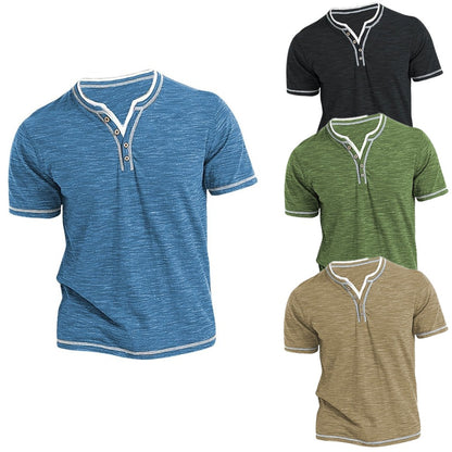 Mens New Cotton Small V-Neck Short Sleeve T-Shirts, Casual Henley Collar Slim Elastic Tops, Stylish Summer Bottoming