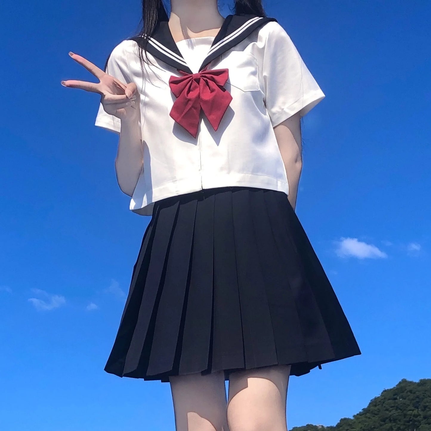 Japanese School Uniform For Women JK Sailor Suit Costume Long Sleeve White Shirt Black Skirt Set 1
