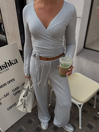 Absobe Autumn Winter Set For Women Loose Pants Leisure Suit With Flare Sleeve Crop Cardigan Laceup  2