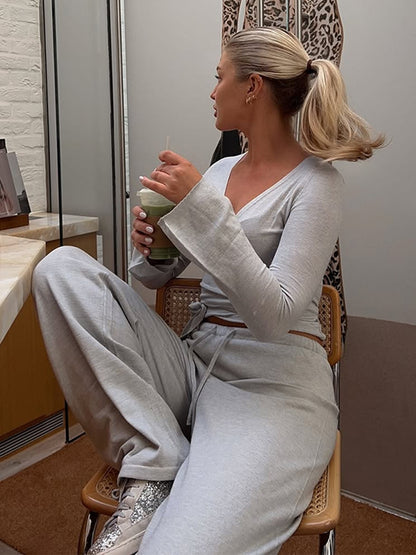 Absobe Autumn Winter Set For Women Loose Pants Leisure Suit With Flare Sleeve Crop Cardigan Laceup  3