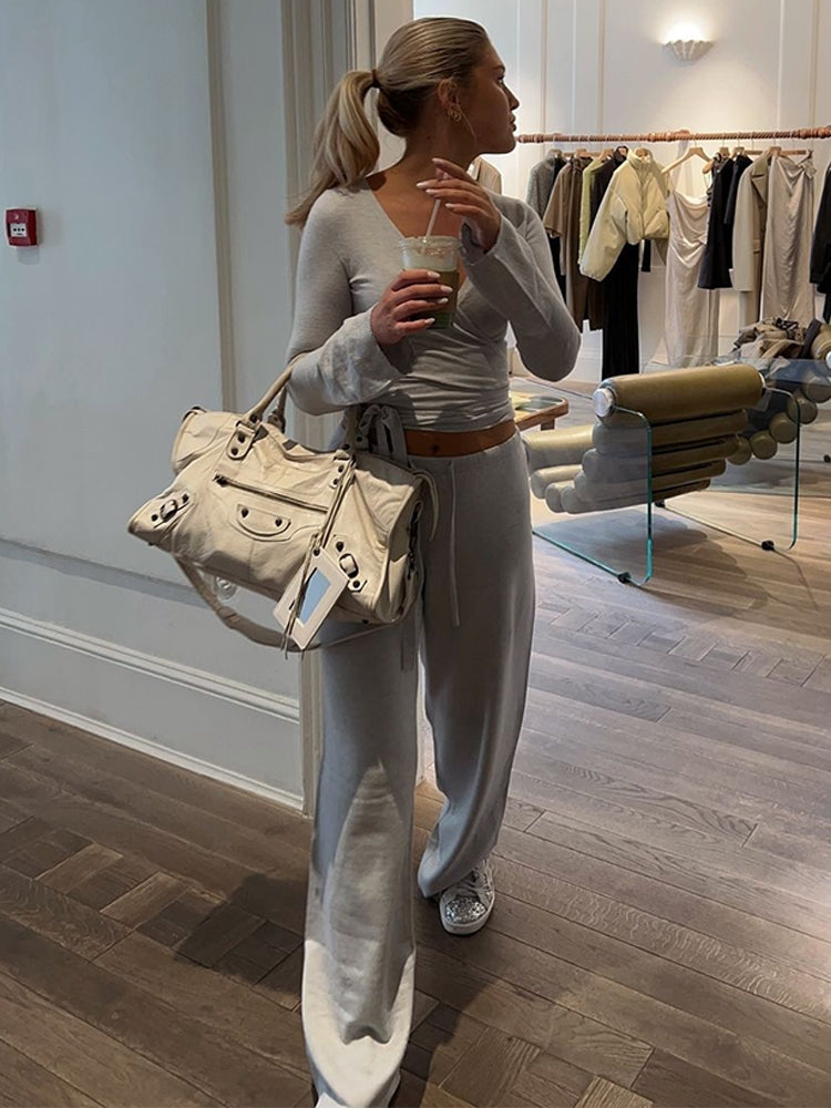 Absobe Autumn Winter Set For Women Loose Pants Leisure Suit With Flare Sleeve Crop Cardigan Laceup  4