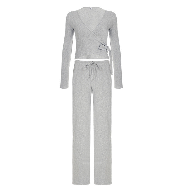 Absobe Autumn Winter Set For Women Loose Pants Leisure Suit With Flare Sleeve Crop Cardigan Laceup  6