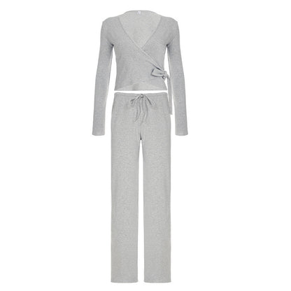 Absobe Autumn Winter Set For Women Loose Pants Leisure Suit With Flare Sleeve Crop Cardigan Laceup  6