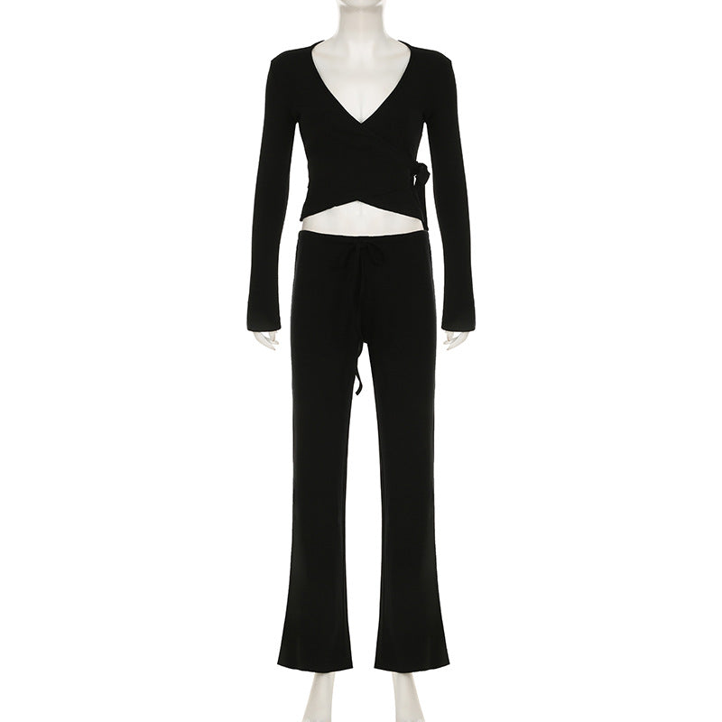 Absobe Autumn Winter Set For Women Loose Pants Leisure Suit With Flare Sleeve Crop Cardigan Laceup  9