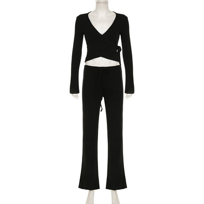 Absobe Autumn Winter Set For Women Loose Pants Leisure Suit With Flare Sleeve Crop Cardigan Laceup  9