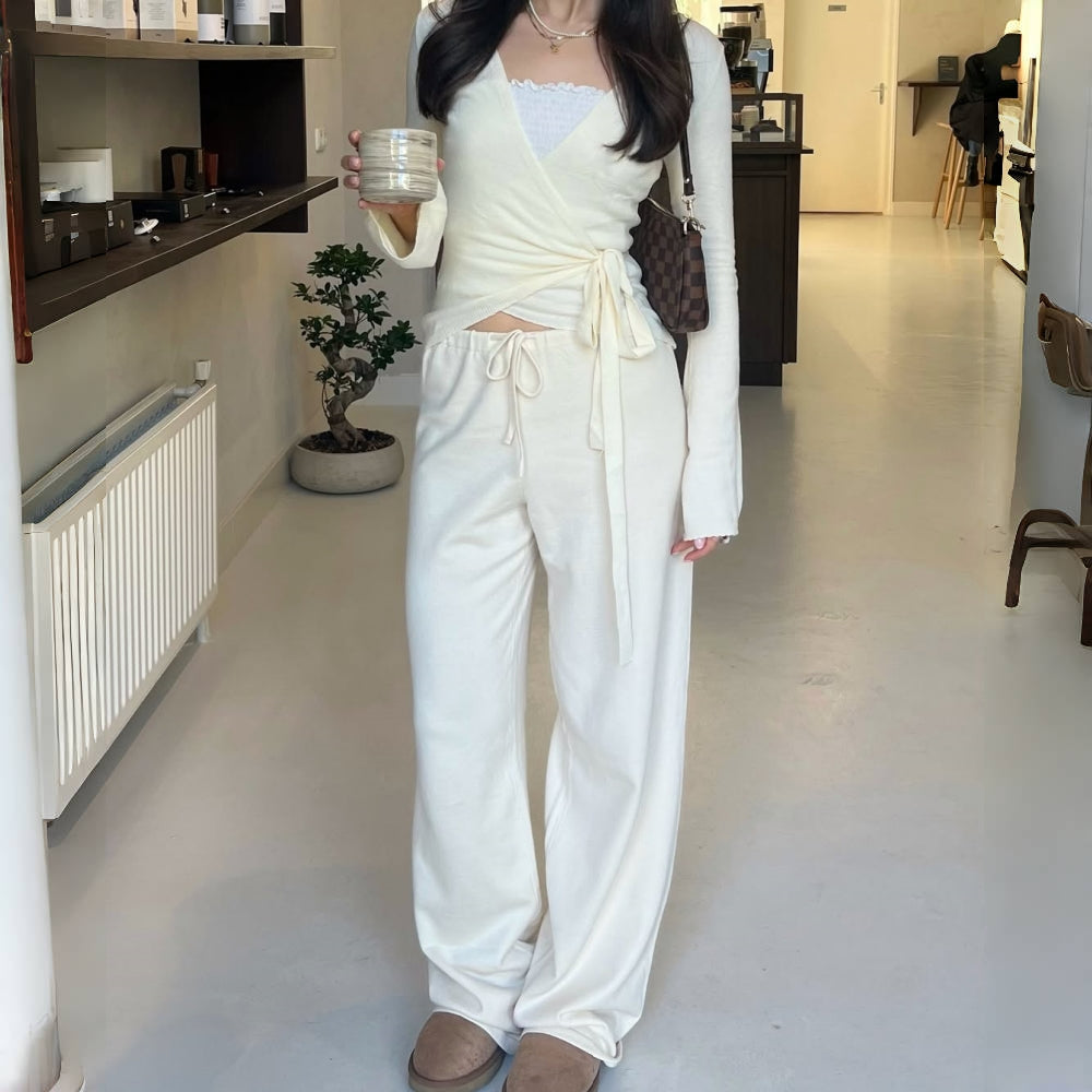 Absobe Autumn Winter Set For Women Loose Pants Leisure Suit With Flare Sleeve Crop Cardigan Laceup  8