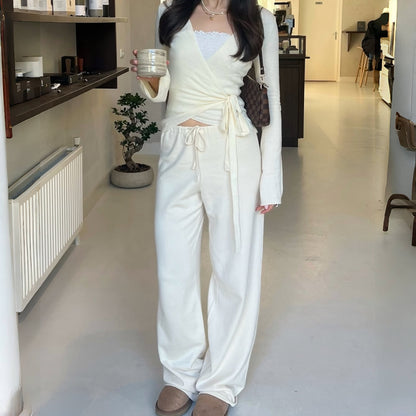 Absobe Autumn Winter Set For Women Loose Pants Leisure Suit With Flare Sleeve Crop Cardigan Laceup  8