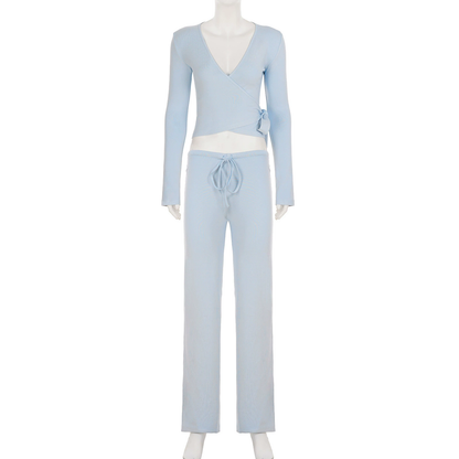 Absobe Autumn Winter Set For Women Loose Pants Leisure Suit With Flare Sleeve Crop Cardigan Laceup  10