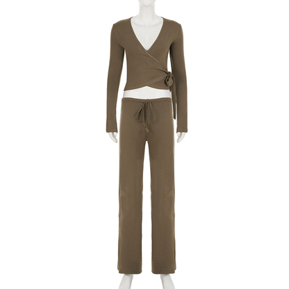 Absobe Autumn Winter Set For Women Loose Pants Leisure Suit With Flare Sleeve Crop Cardigan Laceup  11
