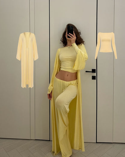 DriftWear Summer Casual Outfit, Long Cardigan, Long Sleeved Top & High Waisted Pants, Fashionable Office Wear Baggy Suit