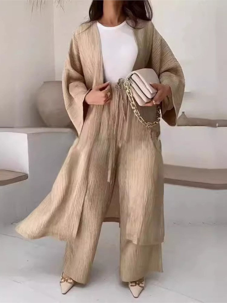 Womens Solid Color Folds Pants Sets Loose Long Cardigan Wide Legs Trousers Fashion Casual Lady Commuting Suit