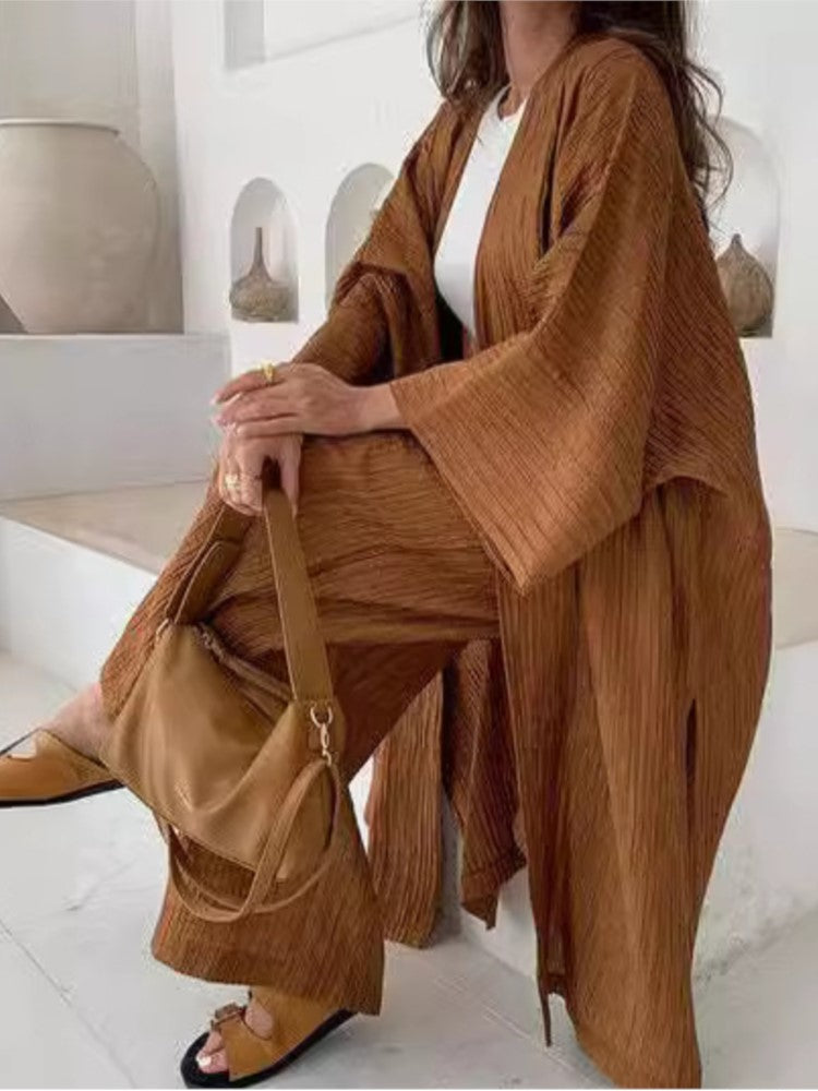 Womens Solid Color Folds Pants Sets Loose Long Cardigan Wide Legs Trousers Fashion Casual Lady Commuting Suit