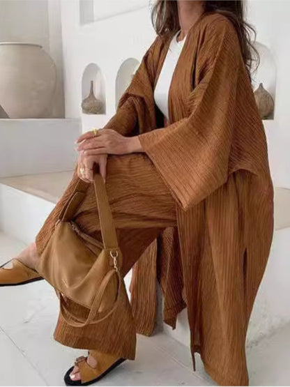 Womens Solid Color Folds Pants Sets Loose Long Cardigan Wide Legs Trousers Fashion Casual Lady Commuting Suit