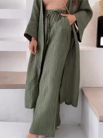 Womens Solid Color Folds Pants Sets Loose Long Cardigan Wide Legs Trousers Fashion Casual Lady Commuting Suit