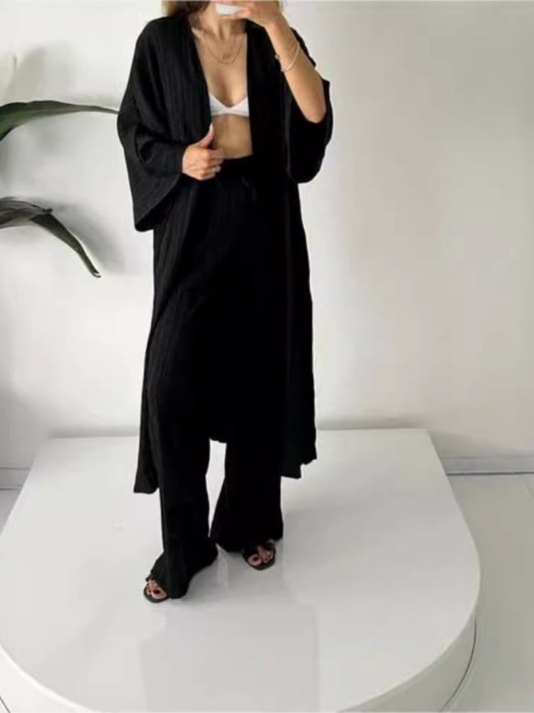 Womens Solid Color Folds Pants Sets Loose Long Cardigan Wide Legs Trousers Fashion Casual Lady Commuting Suit