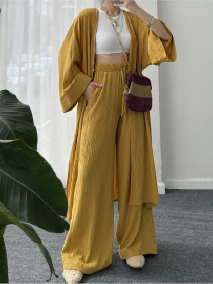 Womens Solid Color Folds Pants Sets Loose Long Cardigan Wide Legs Trousers Fashion Casual Lady Commuting Suit