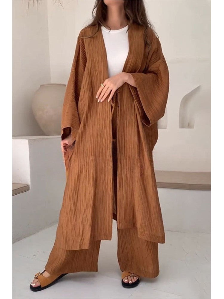 Womens Solid Color Folds Pants Sets Loose Long Cardigan Wide Legs Trousers Fashion Casual Lady Commuting Suit