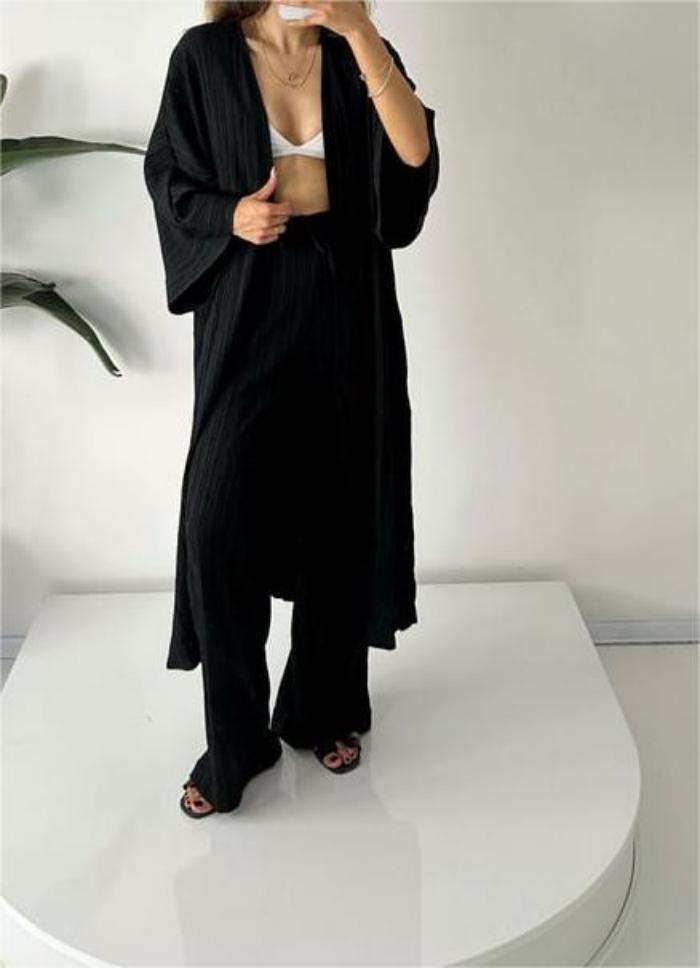 Womens Solid Color Folds Pants Sets Loose Long Cardigan Wide Legs Trousers Fashion Casual Lady Commuting Suit