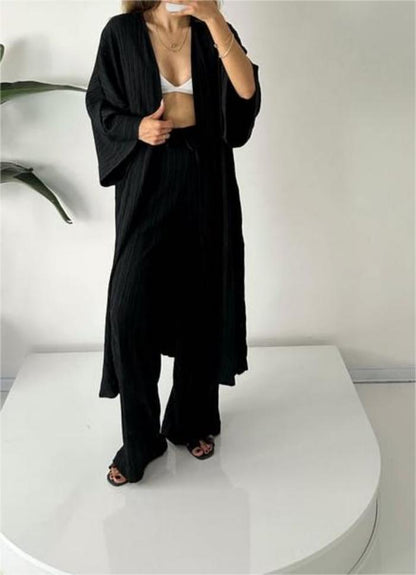 Womens Solid Color Folds Pants Sets Loose Long Cardigan Wide Legs Trousers Fashion Casual Lady Commuting Suit
