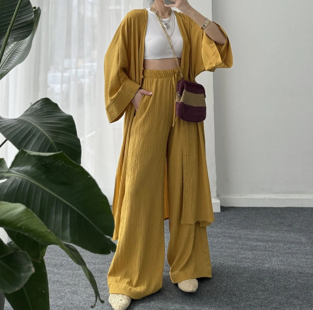 Womens Solid Color Folds Pants Sets Loose Long Cardigan Wide Legs Trousers Fashion Casual Lady Commuting Suit