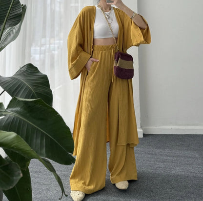 Womens Solid Color Folds Pants Sets Loose Long Cardigan Wide Legs Trousers Fashion Casual Lady Commuting Suit