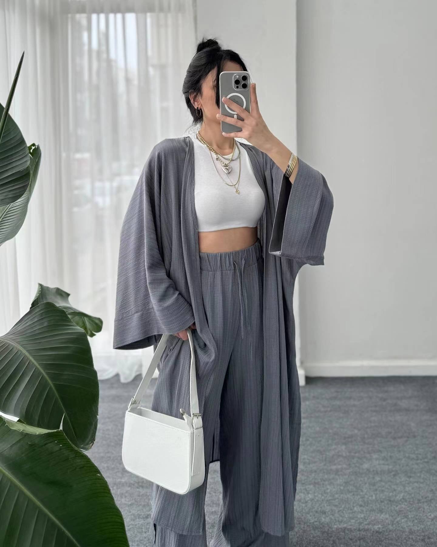 Womens Solid Color Folds Pants Sets Loose Long Cardigan Wide Legs Trousers Fashion Casual Lady Commuting Suit