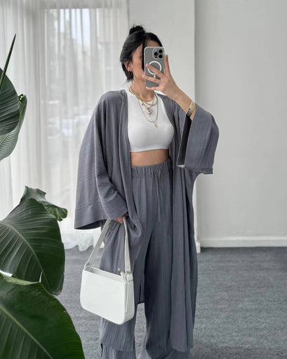 Womens Solid Color Folds Pants Sets Loose Long Cardigan Wide Legs Trousers Fashion Casual Lady Commuting Suit