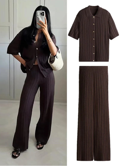 Vintage Brown Knitted Loose Pants Set Women Short Sleeve Lapel Cardigan Straight Trousers Elegant Fashion Suit
