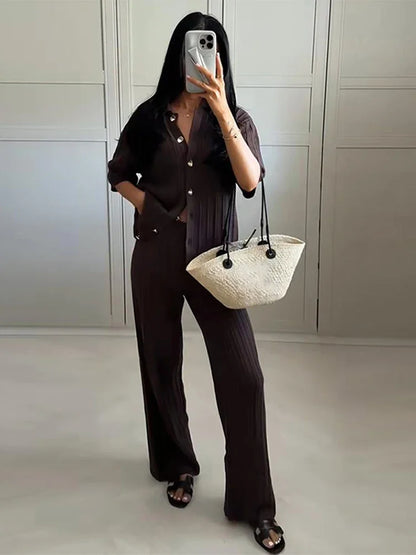 Vintage Brown Knitted Loose Pants Set Women Short Sleeve Lapel Cardigan Straight Trousers 2025 Eleg 1