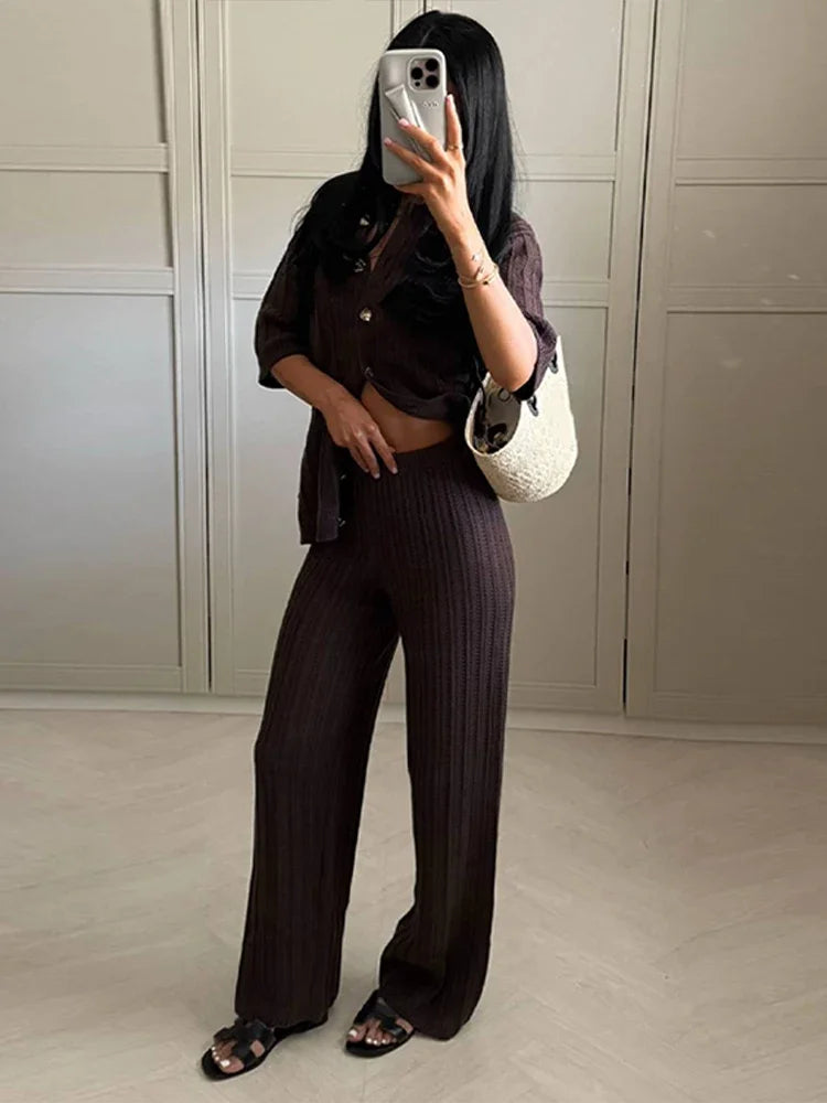 Vintage Brown Knitted Loose Pants Set Women Short Sleeve Lapel Cardigan Straight Trousers 2025 Eleg 2
