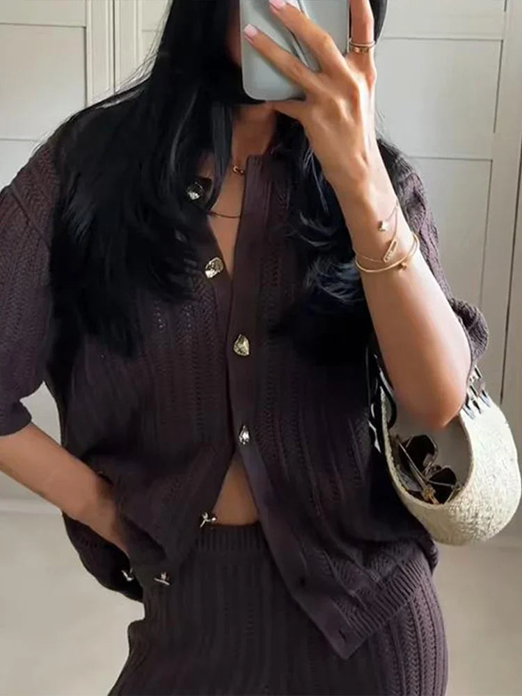 Vintage Brown Knitted Loose Pants Set Women Short Sleeve Lapel Cardigan Straight Trousers 2025 Eleg 3