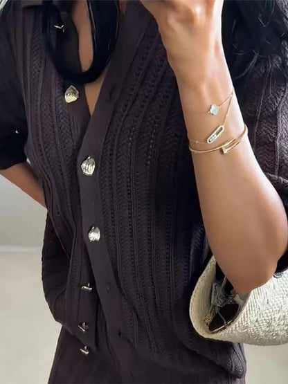 Vintage Brown Knitted Loose Pants Set Women Short Sleeve Lapel Cardigan Straight Trousers 2025 Eleg 4