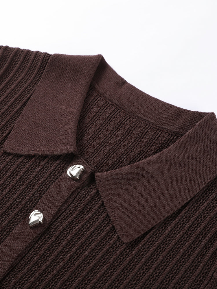 Vintage Brown Knitted Loose Pants Set Women Short Sleeve Lapel Cardigan Straight Trousers 2025 Eleg 5