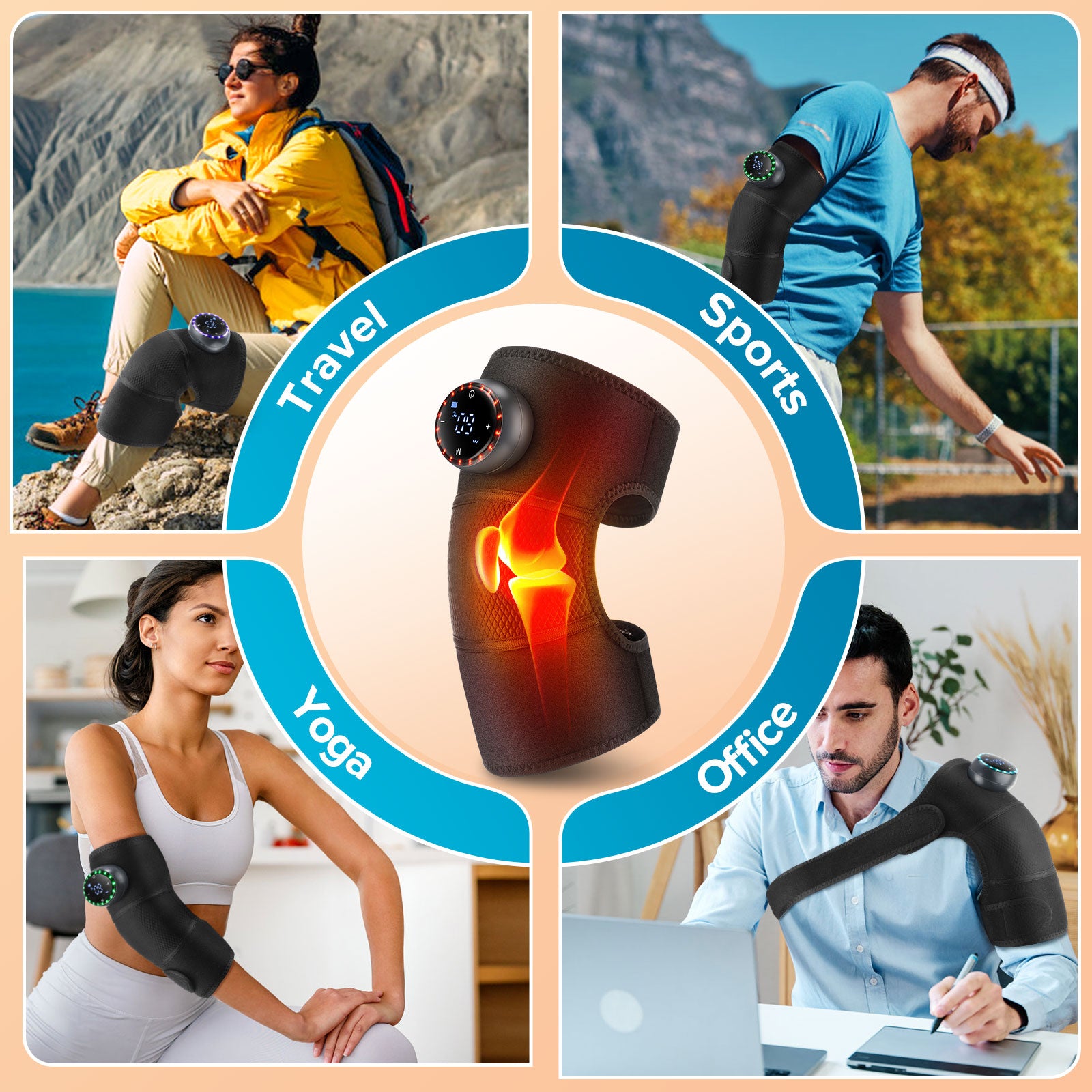 Adjustable Protective Strap Knee Brace, 3 in 1 Cordless Heating Knee Shoulder Elbow Massager Pad
