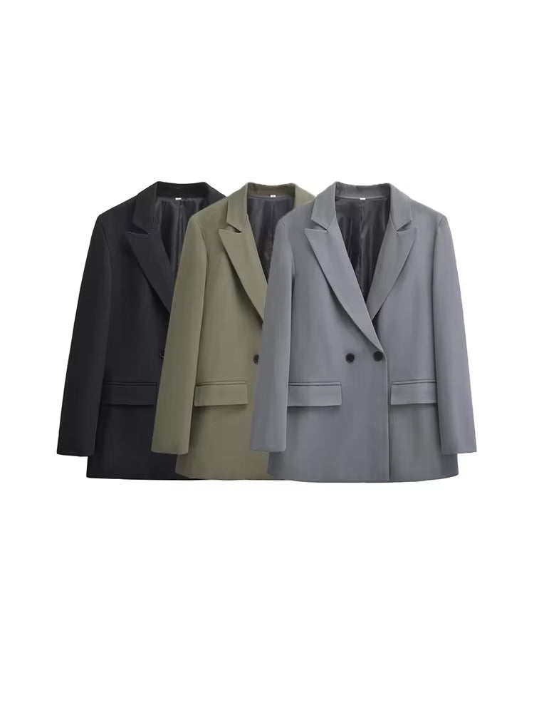 TRZA Womens Double Breasted Blazer, Office Wear Blazer Coat with Flap Pockets, Long Sleeve Chic Tops, Female Outerwear
