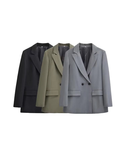 TRZA Womens Double Breasted Blazer, Office Wear Blazer Coat with Flap Pockets, Long Sleeve Chic Tops, Female Outerwear