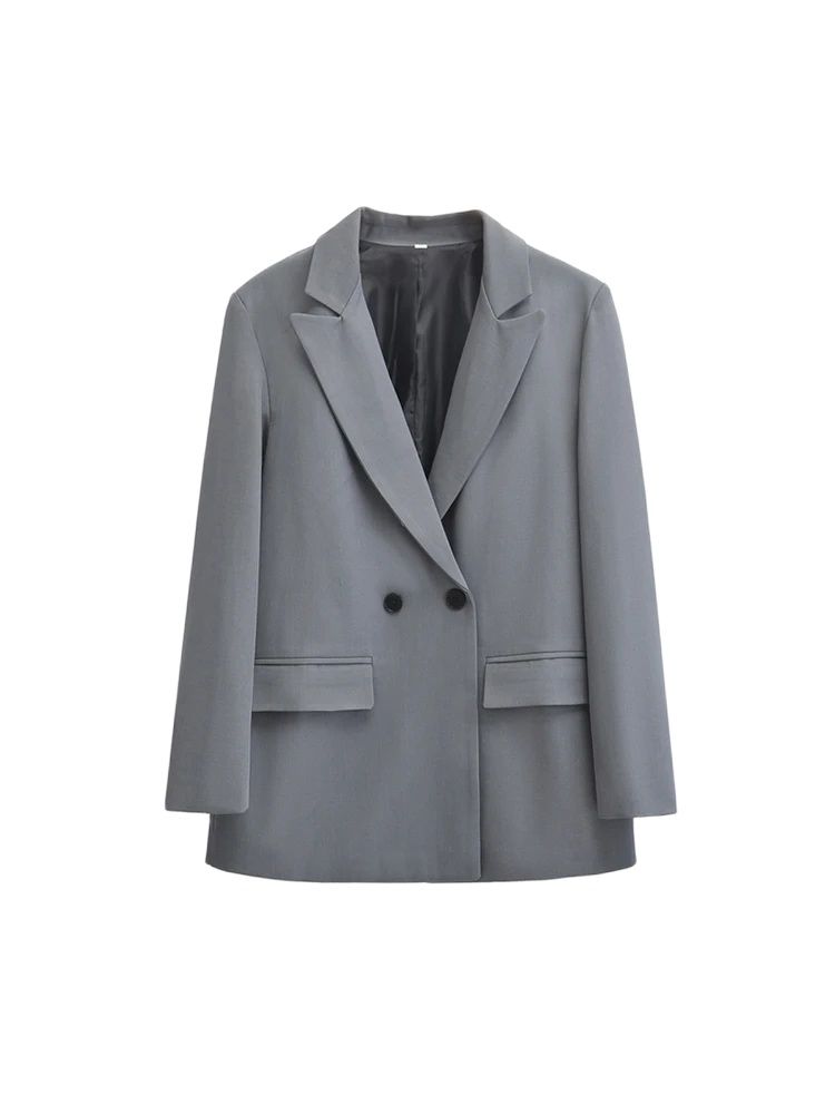 TRZA Womens Double Breasted Blazer, Office Wear Blazer Coat with Flap Pockets, Long Sleeve Chic Tops, Female Outerwear