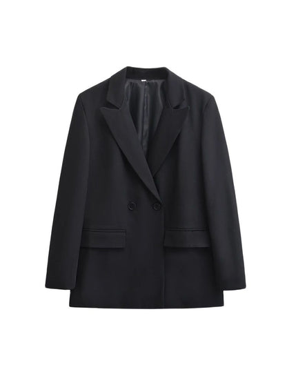 TRZA Womens Double Breasted Blazer, Office Wear Blazer Coat with Flap Pockets, Long Sleeve Chic Tops, Female Outerwear