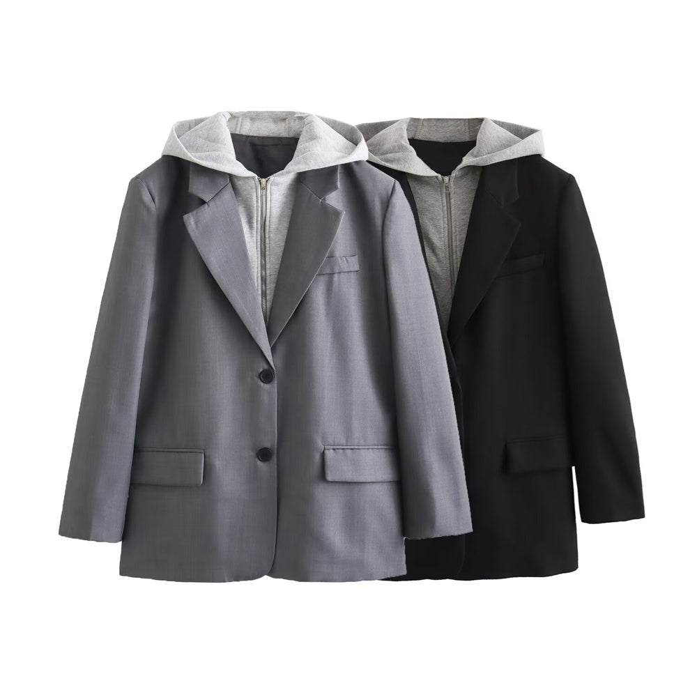 Casual Blazer, Spring New Single Breasted Hooded Jacket, Versatile Suit Coat with Decorative Panel