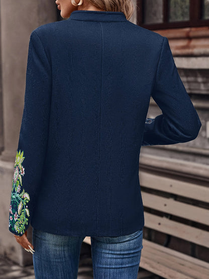 Retro Floral Embroidery Jacket, Women's Double Breasted Long Sleeve Stand Collar Blazer, Elegant Spring Fall Coat