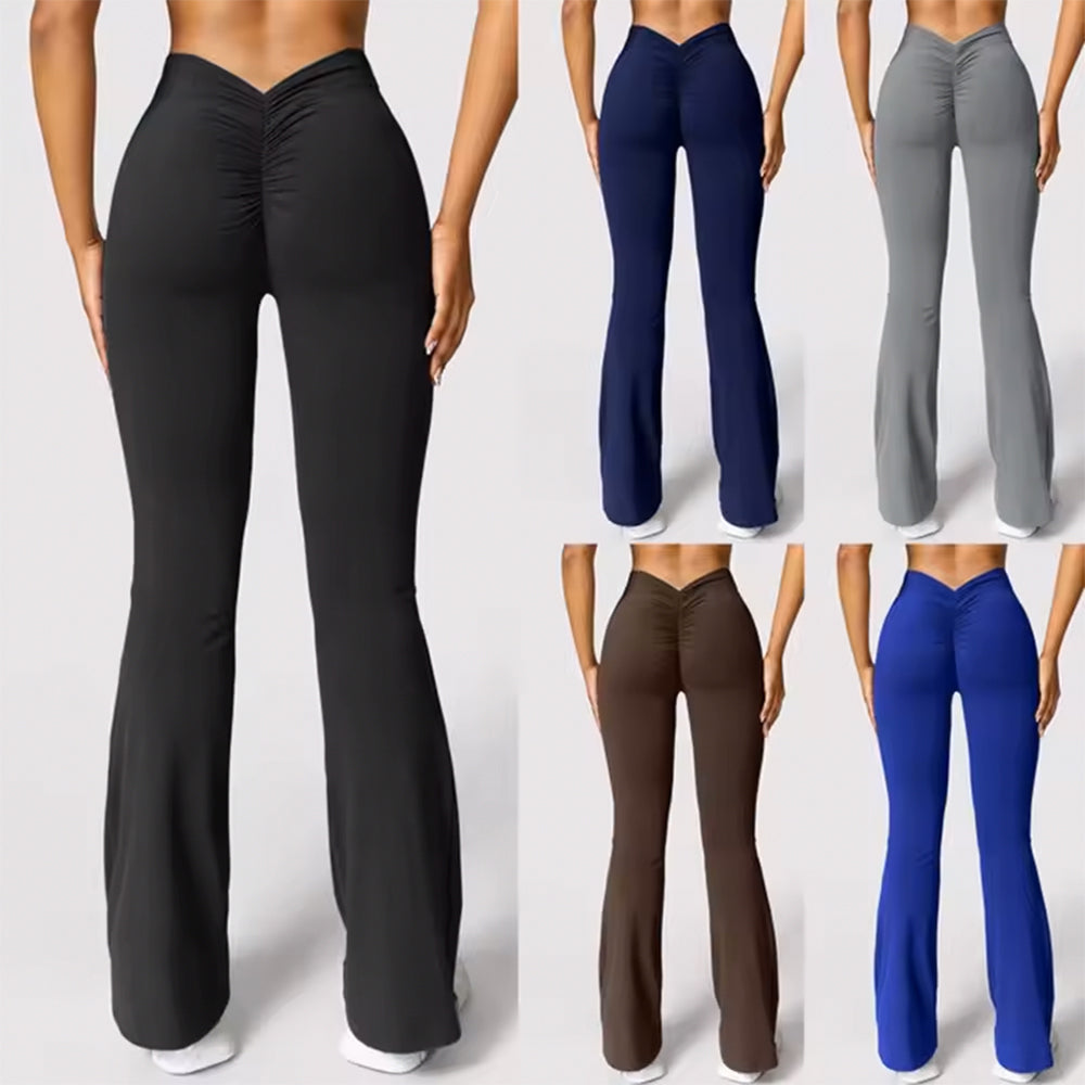 High Waist Womens Sports Yoga Pants Pleated Flared V-Back Butt Lifting Wide Leg Fitness Stretch Pants