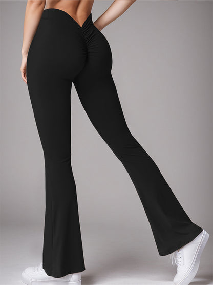 High Waist Womens Sports Yoga Pants Pleated Flared V-Back Butt Lifting Wide Leg Fitness Stretch Pants
