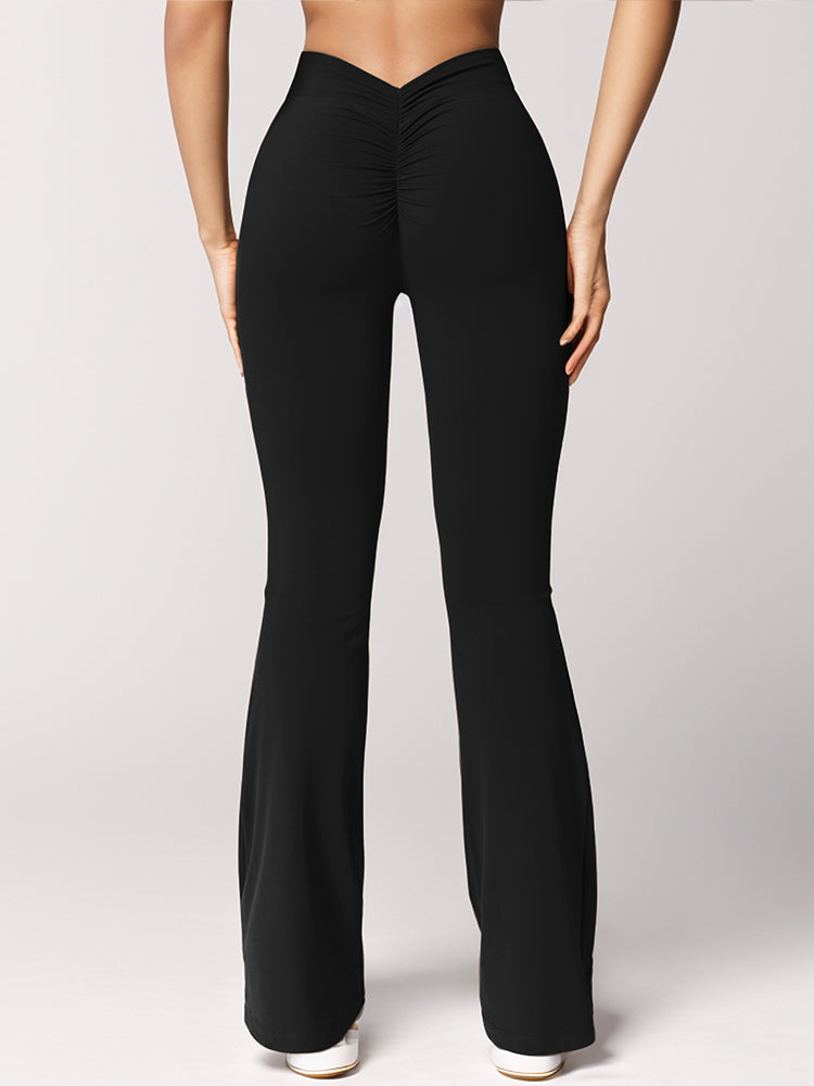 High Waist Womens Sports Yoga Pants Pleated Flared V-Back Butt Lifting Wide Leg Fitness Stretch Pants