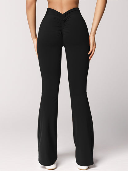 High Waist Womens Sports Yoga Pants Pleated Flared V-Back Butt Lifting Wide Leg Fitness Stretch Pants