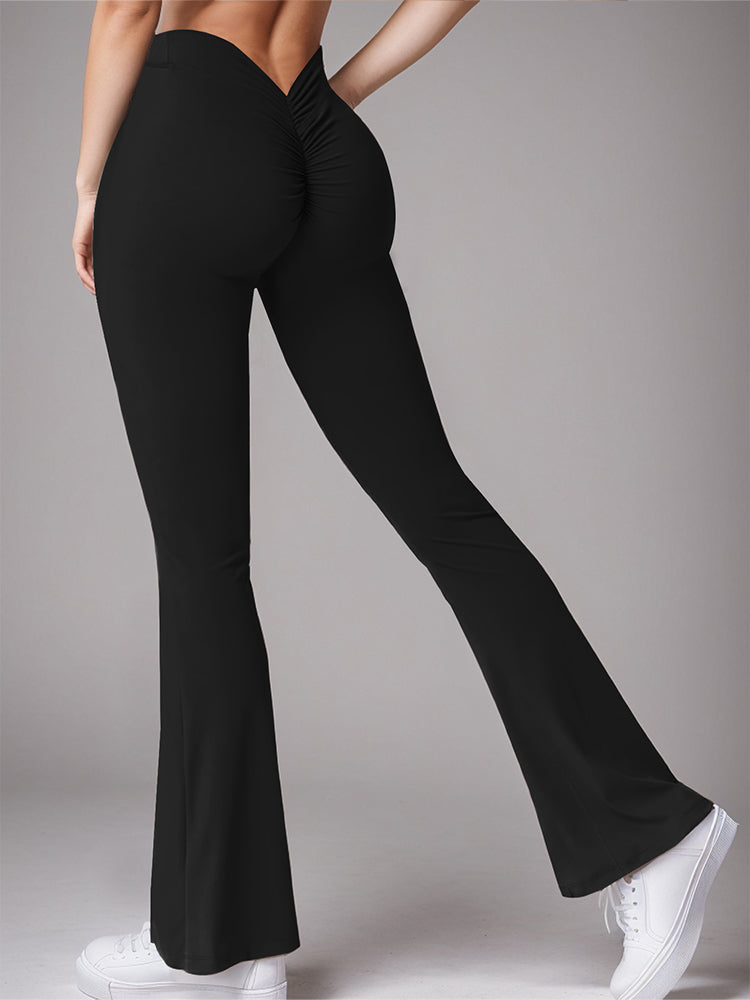 High Waist Womens Sports Yoga Pants Pleated Flared V-Back Butt Lifting Wide Leg Fitness Stretch Pants