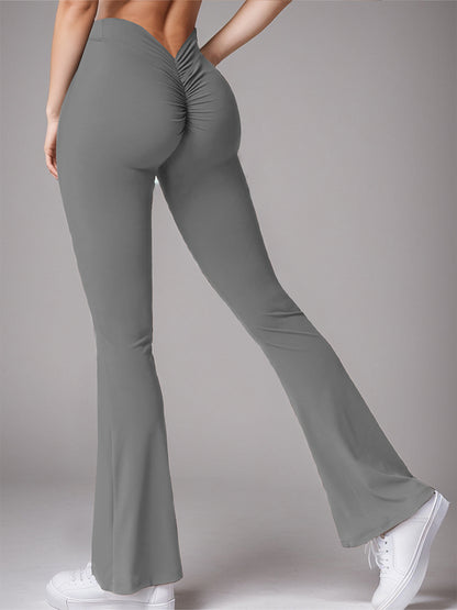 High Waist Womens Sports Yoga Pants Pleated Flared V-Back Butt Lifting Wide Leg Fitness Stretch Pants