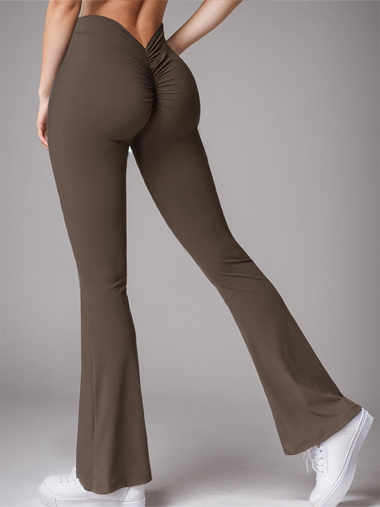 High Waist Womens Sports Yoga Pants Pleated Flared V-Back Butt Lifting Wide Leg Fitness Stretch Pants