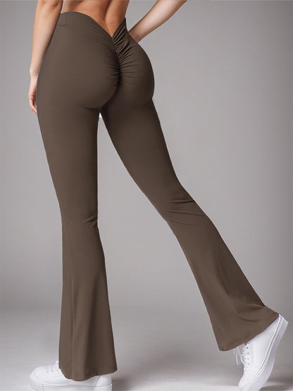 High Waist Womens Sports Yoga Pants Pleated Flared V-Back Butt Lifting Wide Leg Fitness Stretch Pants